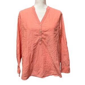 Riders by Lee Coral Linen Blend Popover Tunic Top Long Sleeve Women's M
